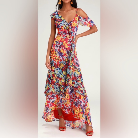 Lulus Dresses & Skirts - Lulus Women’s Radiant Ruby Red Floral Print Chiffon Maxi Dress Size Medium NWT
